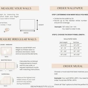 May include: A beige infographic with text explaining how to measure walls for wallpaper, including diagrams for irregular walls. It provides instructions for ordering wallpaper and murals, with examples in inches.