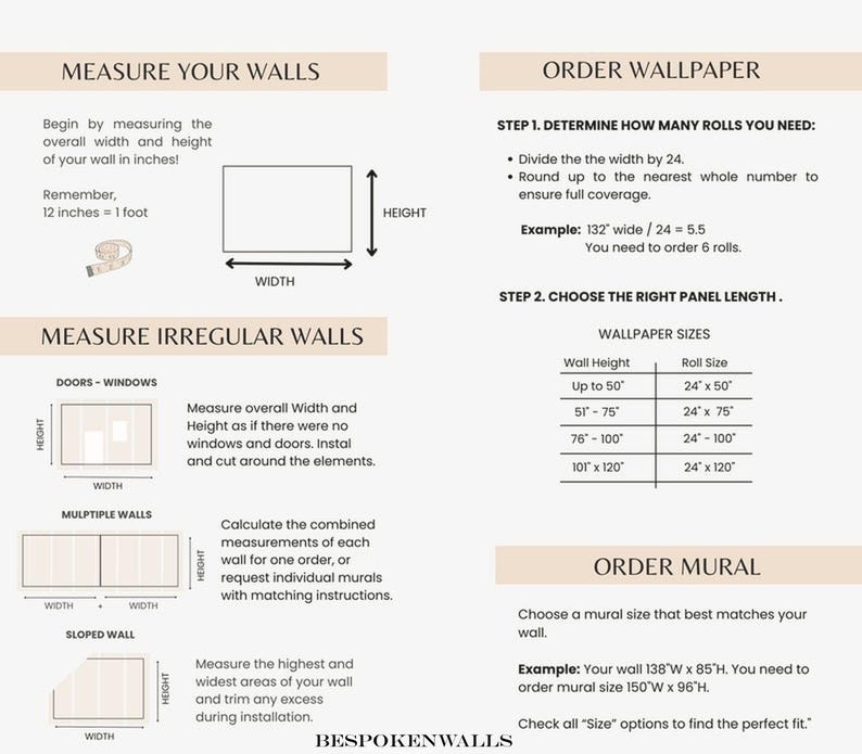May include: A beige infographic with text explaining how to measure walls for wallpaper, including diagrams for irregular walls. It provides instructions for ordering wallpaper and murals, with examples in inches.