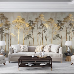 May include: A living room with a neutral color palette, featuring a large mural of stylized trees in gold and brown tones. The room includes a sofa, two armchairs, a coffee table, and lamps, creating a sophisticated and inviting atmosphere.
