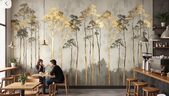 Romantic Gold Tree Wallpaper Mural, Neutral Greige Peel and Stick, Minimalist Botanical Wall Decor