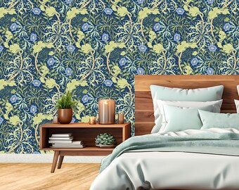 Vintage Floral Wallpaper, William Morris Style Wall Mural, Botanical Pattern, Retro Blue & Green Wall Art, Aesthetic Removable Wall Decor