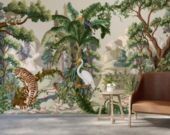 May include: A detailed mural depicting a lush jungle scene with a tiger, toucan, monkey, and heron. The artwork features a variety of green foliage, trees, and a neutral background. A brown leather chair and small wooden table are in the foreground.