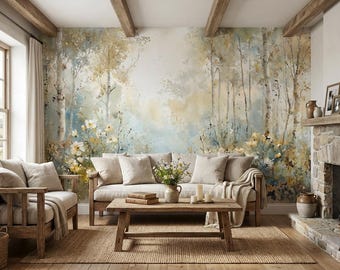 Romantic Watercolor Forest Mural, Rustic Antique Woodland Wallpaper, Soft Wildflower Landscape