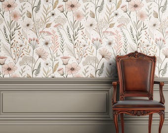 Minimalist Floral Wallpaper, Peel and Stick Neutral Scandi Mural, Pink Boho Wildflower Sketch Wall Decor by Bespoken Walls