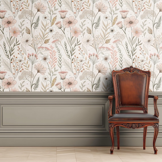 Minimalist Floral Wallpaper, Peel and Stick Neutral Scandi Mural, Pink Boho Wildflower Sketch Wall Decor by Bespoken Walls