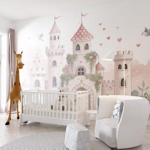 Pink Princess Castle Wallpaper Mural, Watercolor Fairy Tale Nursery ...