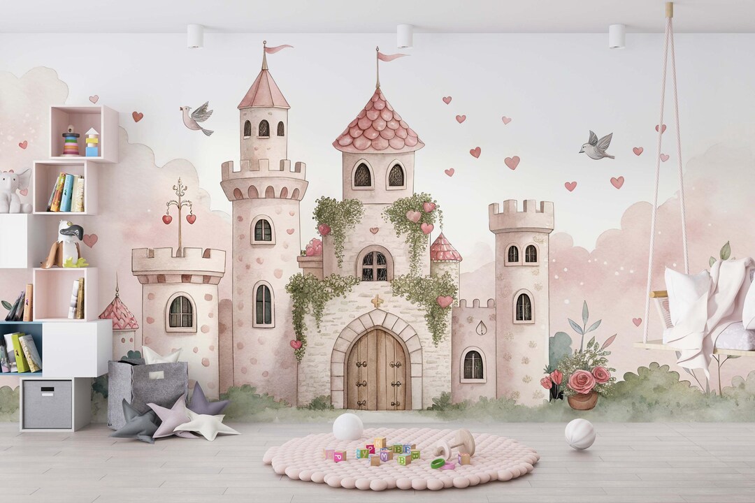 Pink Princess Castle Wallpaper Mural, Watercolor Fairy Tale Nursery ...