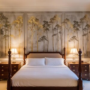 May include: A bedroom with a large bed, two nightstands, and a decorative wall mural featuring a forest scene. The room has a neutral color palette with warm lighting and a view of the outdoors through a set of French doors.