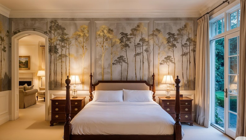 May include: A bedroom with a large bed, two nightstands, and a decorative wall mural featuring a forest scene. The room has a neutral color palette with warm lighting and a view of the outdoors through a set of French doors.