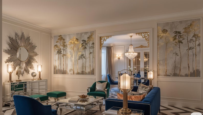 May include: An elegant living room with a sunburst mirror, artwork of trees, and a blue velvet sofa. The room features a chandelier, lamps, and a mirrored cabinet, creating a luxurious and inviting atmosphere.