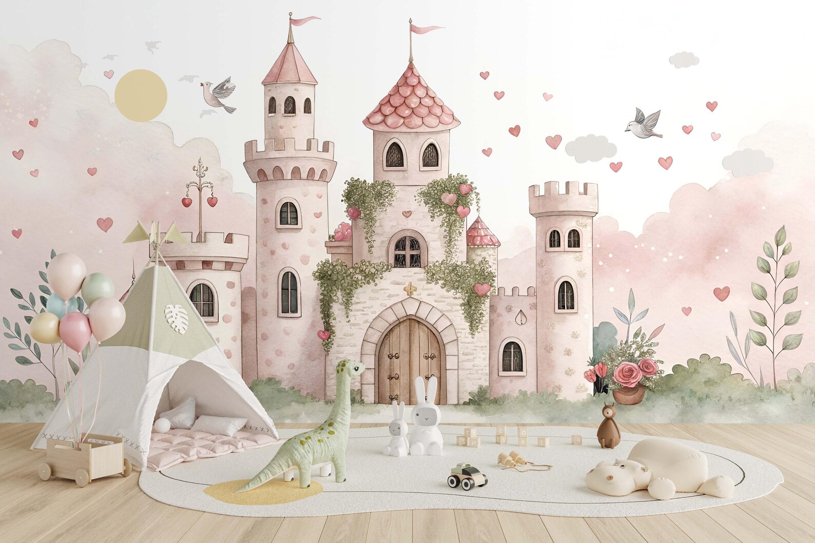 Pink Princess Castle Wallpaper Mural, Watercolor Fairy Tale Nursery ...