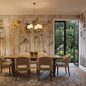 May include: A dining room with a wooden table and six beige chairs. The walls are adorned with a tree-themed wallpaper in shades of gray, gold, and brown. A chandelier hangs above the table, and a rug covers the floor. A doorway leads to an outdoor garden.