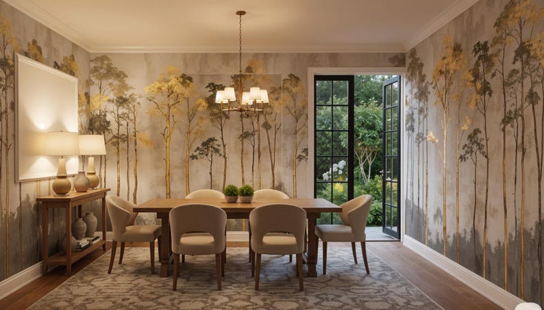 May include: A dining room with a wooden table and six beige chairs. The walls are adorned with a tree-themed wallpaper in shades of gray, gold, and brown. A chandelier hangs above the table, and a rug covers the floor. A doorway leads to an outdoor garden.