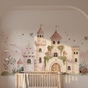 Pink Princess Castle Wallpaper Mural, Watercolor Fairy Tale Nursery ...