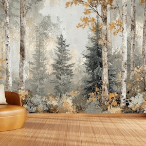 May include: A wall mural featuring a forest scene with birch and pine trees in shades of grey, white, and muted gold. A tan armchair with a cream pillow sits in front of the mural next to a wooden floor lamp and a large green potted plant.