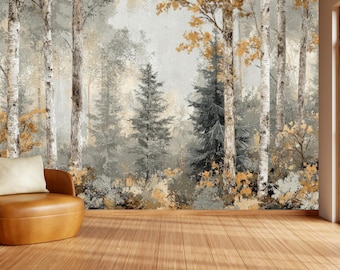 Rustic Birch Forest Wallpaper Mural, Autumn Landscape Wall Art, Scandinavian Style for Modern Homes, Nature Inspired Tranquilizing Decor