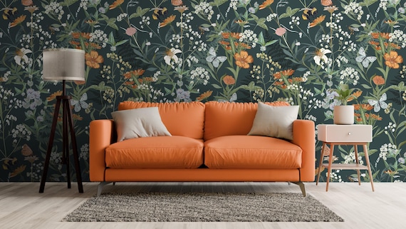 Wildflower Peel and Stick Wallpaper, Dark Botanical Mural, Vintage Floral Self Adhesive, Cottagecore Accent Wall Decor by Bespoken Walls