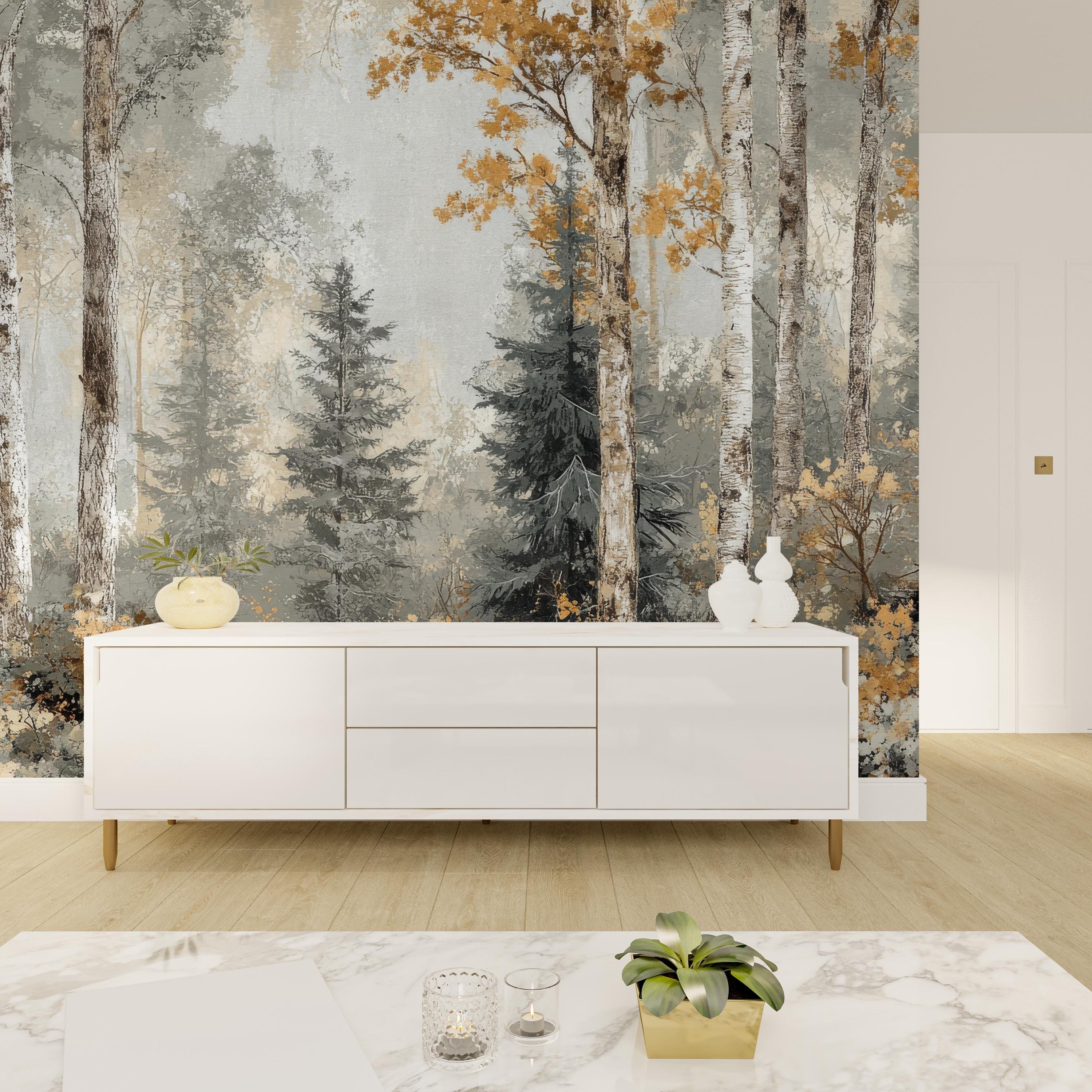 Visual Reference: Rustic Birch Forest Wallpaper Mural Autumn Landscape Wall Art