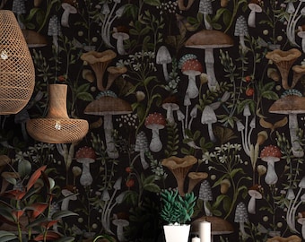 Vintage Mushroom Wallpaper, Dark Academia Peel and Stick, Botanical Forest Decor