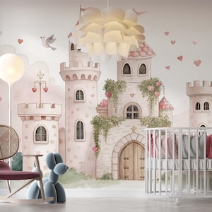 Pink Princess Castle Wallpaper Mural, Watercolor Fairy Tale Nursery ...