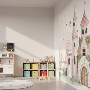 Pink Princess Castle Wallpaper Mural, Watercolor Fairy Tale Nursery ...