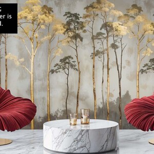 Romantic Gold Tree Wallpaper Mural, Neutral Greige Peel and Stick, Minimalist Botanical Wall Decor image 2