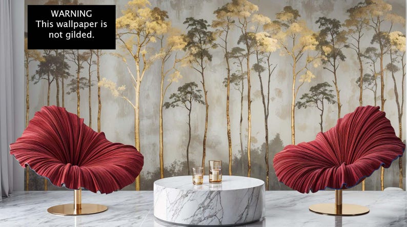 Romantic Gold Tree Wallpaper Mural, Neutral Greige Peel and Stick, Minimalist Botanical Wall Decor image 2