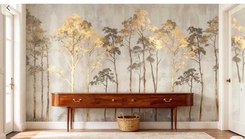 May include: A long, dark wood console table with three drawers and a woven basket beneath a wallpaper mural of stylized trees in gold and gray tones. The room has white trim and a light-colored rug.