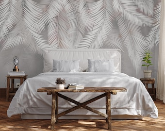Minimalist Palm Leaf Wallpaper, Gray Tropical Peel and Stick Mural, Neutral Modern Boho Wall Decor, Removable Accent