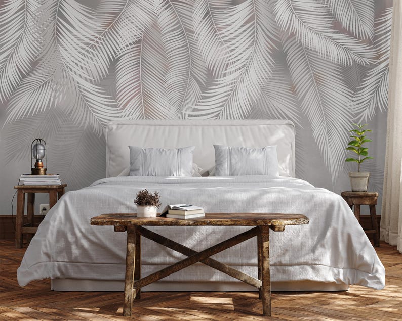 Minimalist Palm Leaf Wallpaper, Gray Tropical Peel and Stick Mural ...