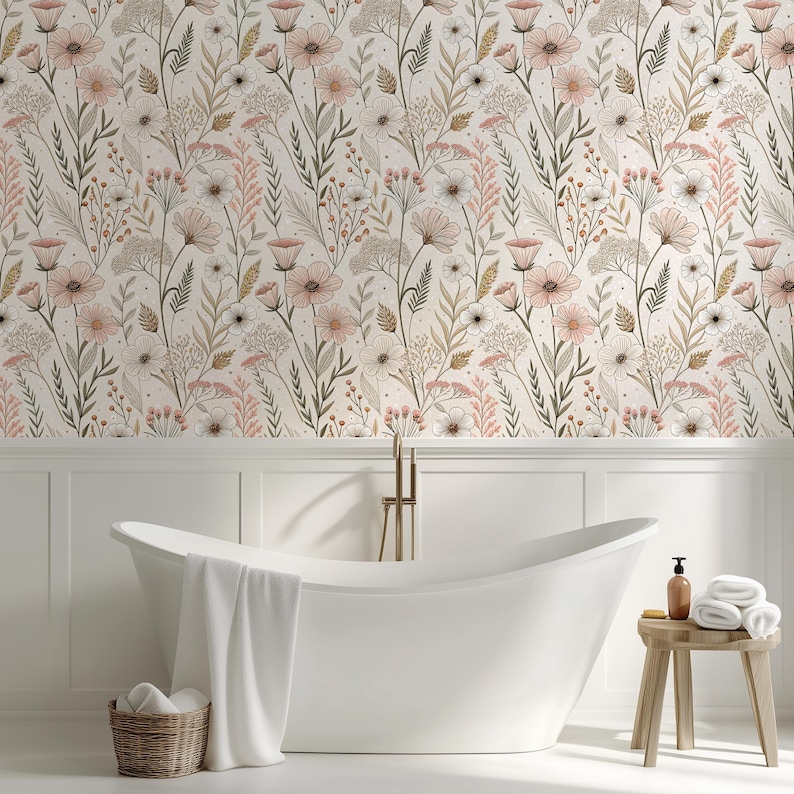 May include: A bathroom scene featuring a white, freestanding bathtub with a white towel draped over the side. The wall behind the tub is covered in floral wallpaper with pink, white, and green botanical elements. A small wooden stool holds towels and a soap dispenser.