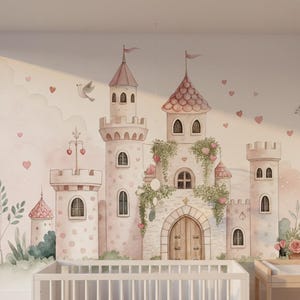 Pink Princess Castle Wallpaper Mural, Watercolor Fairy Tale Nursery ...