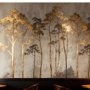 May include: A mural featuring a stylized forest scene with tall, slender trees in shades of gold and brown against a textured gray background. The scene is illuminated by warm, glowing lights, creating a serene and inviting atmosphere. The mural is suitable for interior decor.