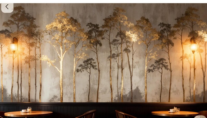 May include: A mural featuring a stylized forest scene with tall, slender trees in shades of gold and brown against a textured gray background. The scene is illuminated by warm, glowing lights, creating a serene and inviting atmosphere. The mural is suitable for interior decor.