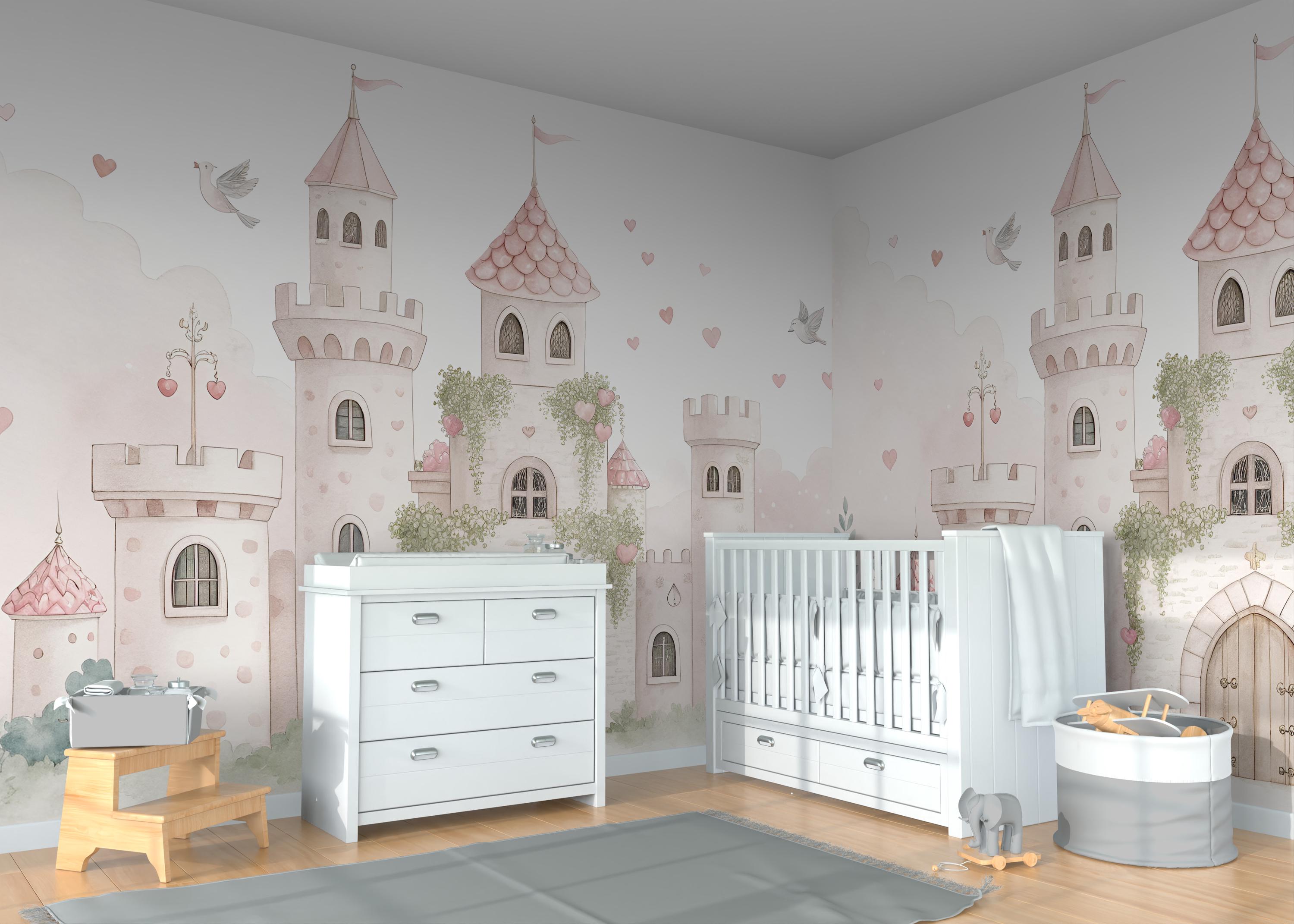 Pink Princess Castle Wallpaper Mural, Watercolor Fairy Tale Nursery ...