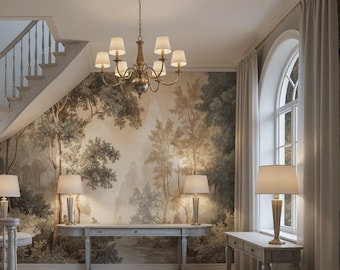 Vintage Forest Wallpaper Mural, Toile Style Peel and Stick, Muted Grey Woodland Wall Decor