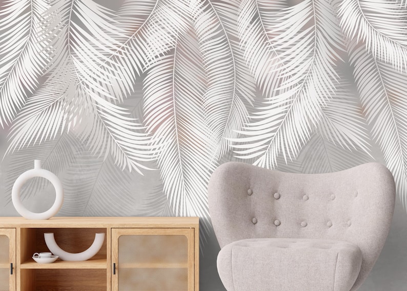 Minimalist Palm Leaf Wallpaper, Gray Tropical Peel and Stick Mural ...