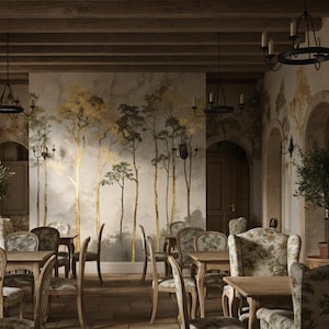 May include: An interior shot of a restaurant with a vintage aesthetic. The space features wooden tables and chairs with floral upholstery. The walls are adorned with a mural of trees, and the lighting is provided by chandeliers and sconces.