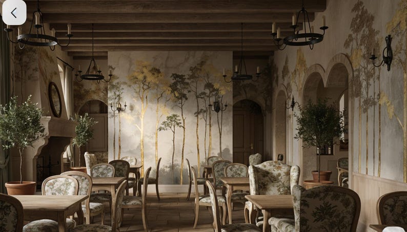 May include: An interior shot of a restaurant with a vintage aesthetic. The space features wooden tables and chairs with floral upholstery. The walls are adorned with a mural of trees, and the lighting is provided by chandeliers and sconces.