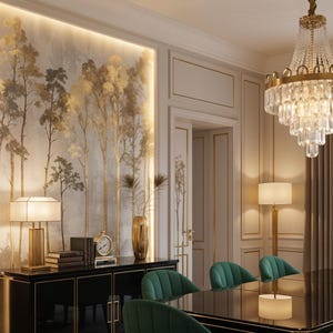 May include: Elegant dining room with a black table and green velvet chairs. A large chandelier hangs above the table. The room features a gold and white color scheme, with a decorative wall mural and a fireplace.