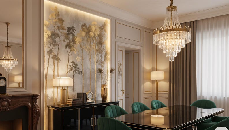 May include: Elegant dining room with a black table and green velvet chairs. A large chandelier hangs above the table. The room features a gold and white color scheme, with a decorative wall mural and a fireplace.