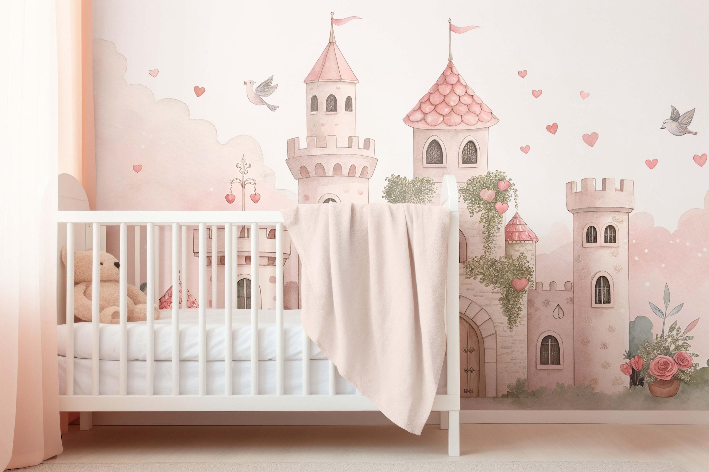 Pink Princess Castle Wallpaper Mural, Watercolor Fairy Tale Nursery ...