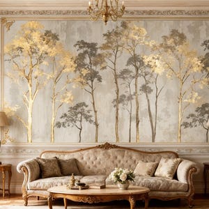 May include: Elegant living room with a gold and gray tree mural. A beige sofa, two armchairs, and a coffee table are in front of the mural. Two lamps sit on side tables. A chandelier hangs from the ceiling.