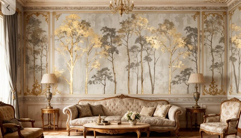 May include: Elegant living room with a gold and gray tree mural. A beige sofa, two armchairs, and a coffee table are in front of the mural. Two lamps sit on side tables. A chandelier hangs from the ceiling.