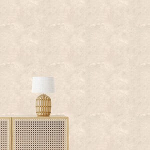 May include: A decorative lamp with a white lampshade and a woven, light brown base sits atop a light wood cabinet with a woven cane door. The cabinet is a light brown color. The background is a light beige color.