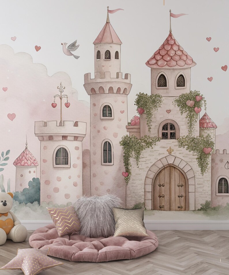 Pink Princess Castle Wallpaper Mural, Watercolor Fairy Tale Nursery ...
