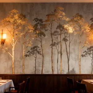 May include: A dining room with a mural of stylized trees in gold and brown tones. Two sconces with warm light illuminate the mural. Tables are set with white tablecloths, glassware, and silverware, creating an elegant atmosphere.