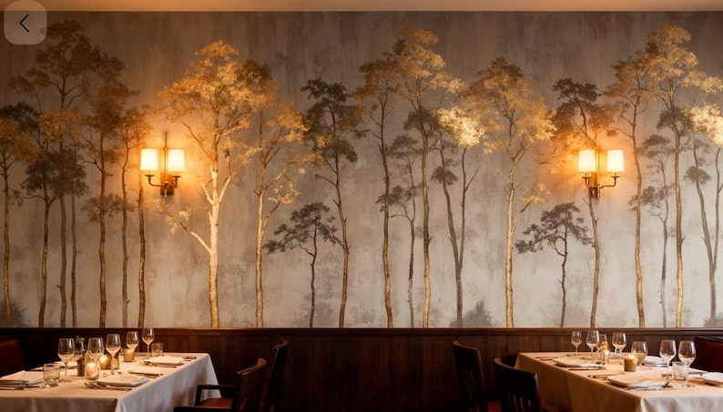 May include: A dining room with a mural of stylized trees in gold and brown tones. Two sconces with warm light illuminate the mural. Tables are set with white tablecloths, glassware, and silverware, creating an elegant atmosphere.