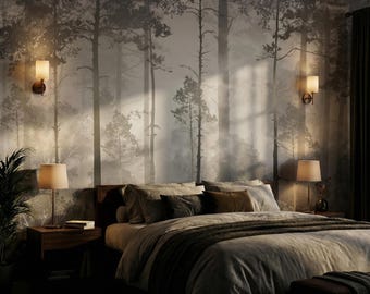 Misty Forest Scenic Wall Mural, Gray Woodland Trees Peel and Stick Custom Wall Decor, Monochrome Landscape Wall Art, Black & White Nature