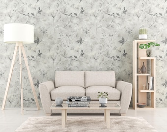 Beige and Grey Flowers Peel & Stick Wallpaper, Vintage Botanical Mural, Neutral Floral Removable Self Adhesive Home Decor, Boho Wall Art